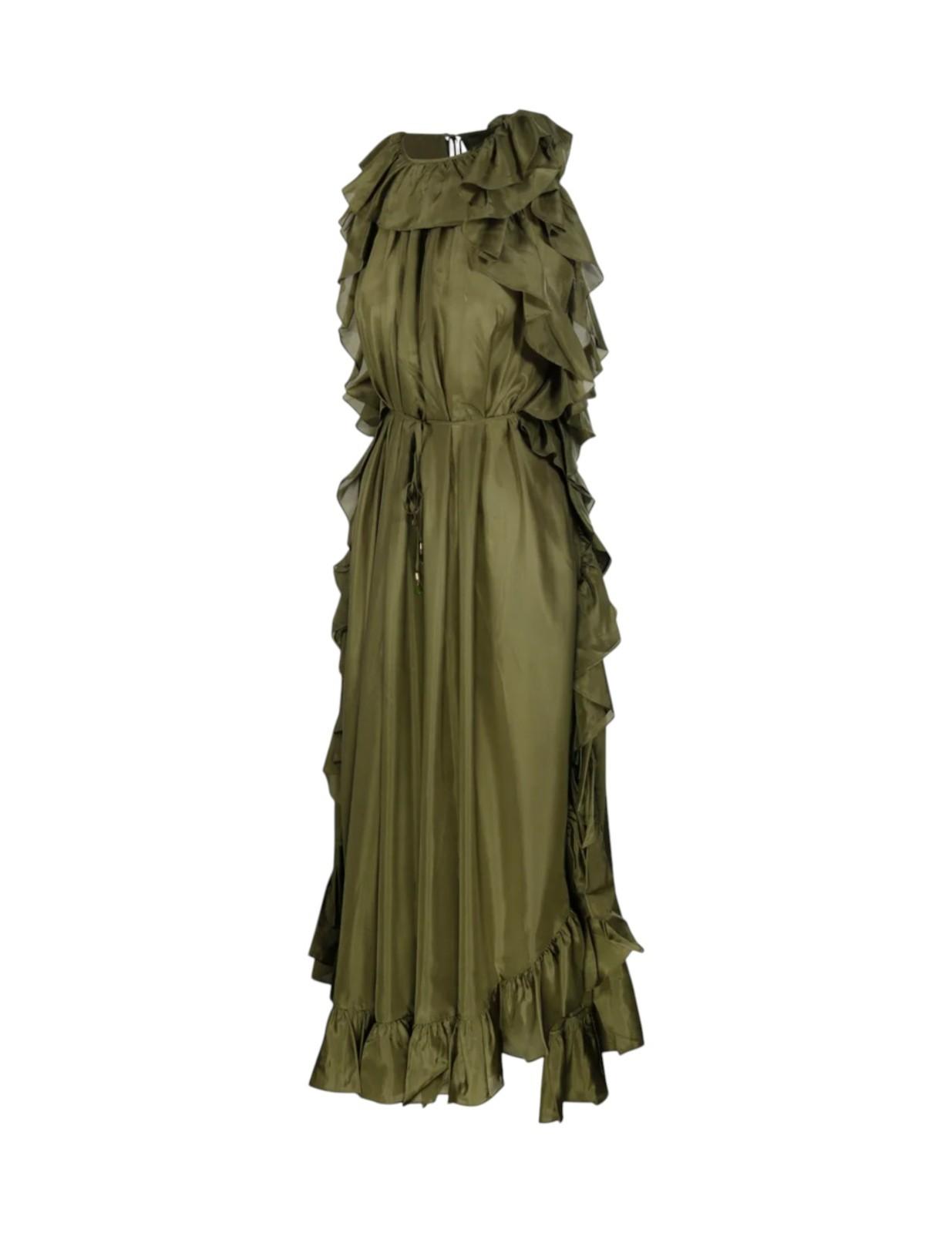 Green dress with ruffled details on a white background