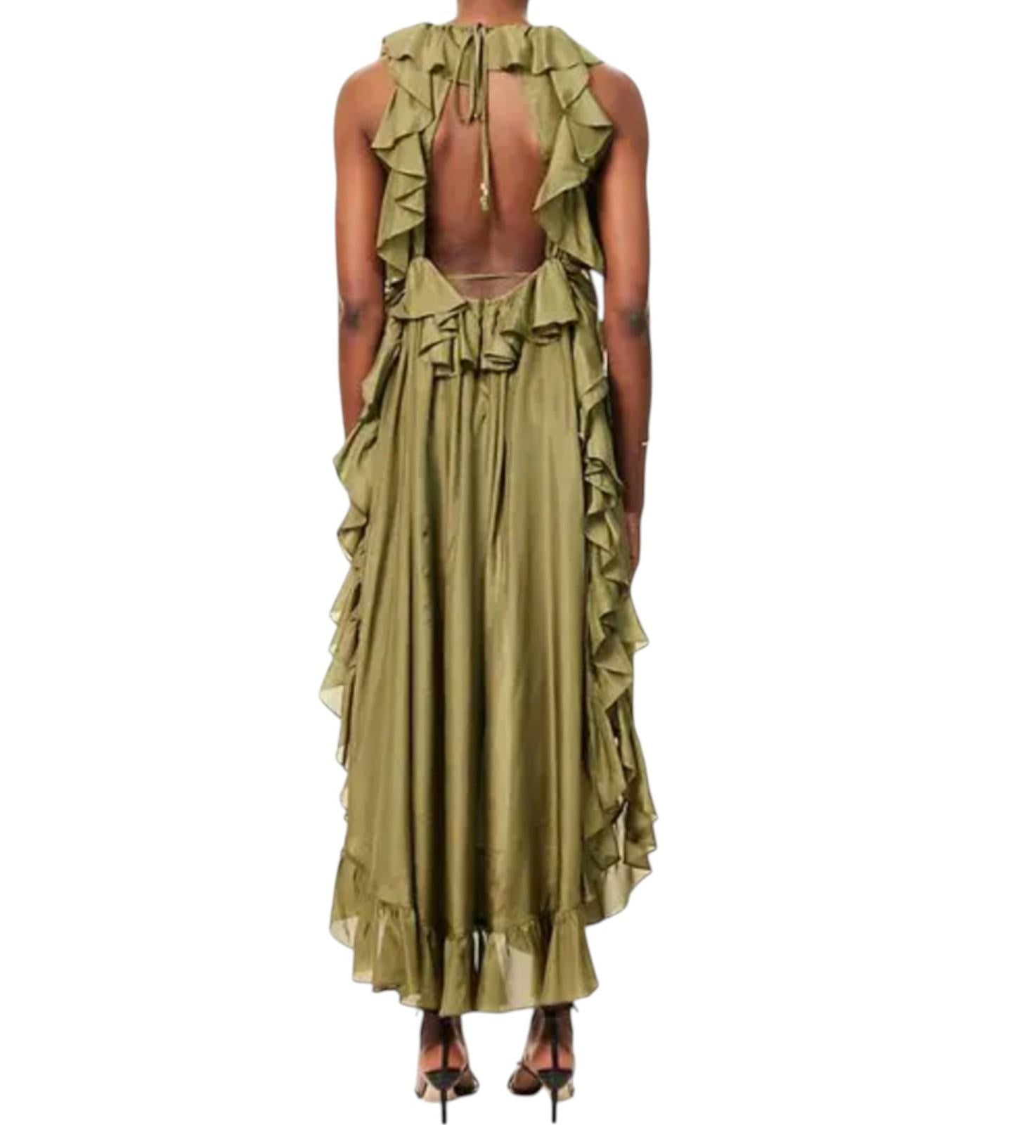 Green ruffled dress on a white background