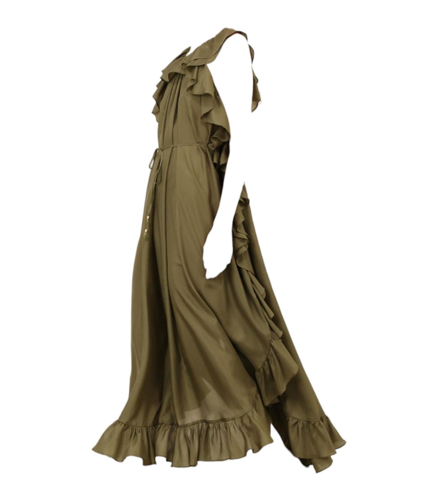 Olive green dress with ruffled details on a white background