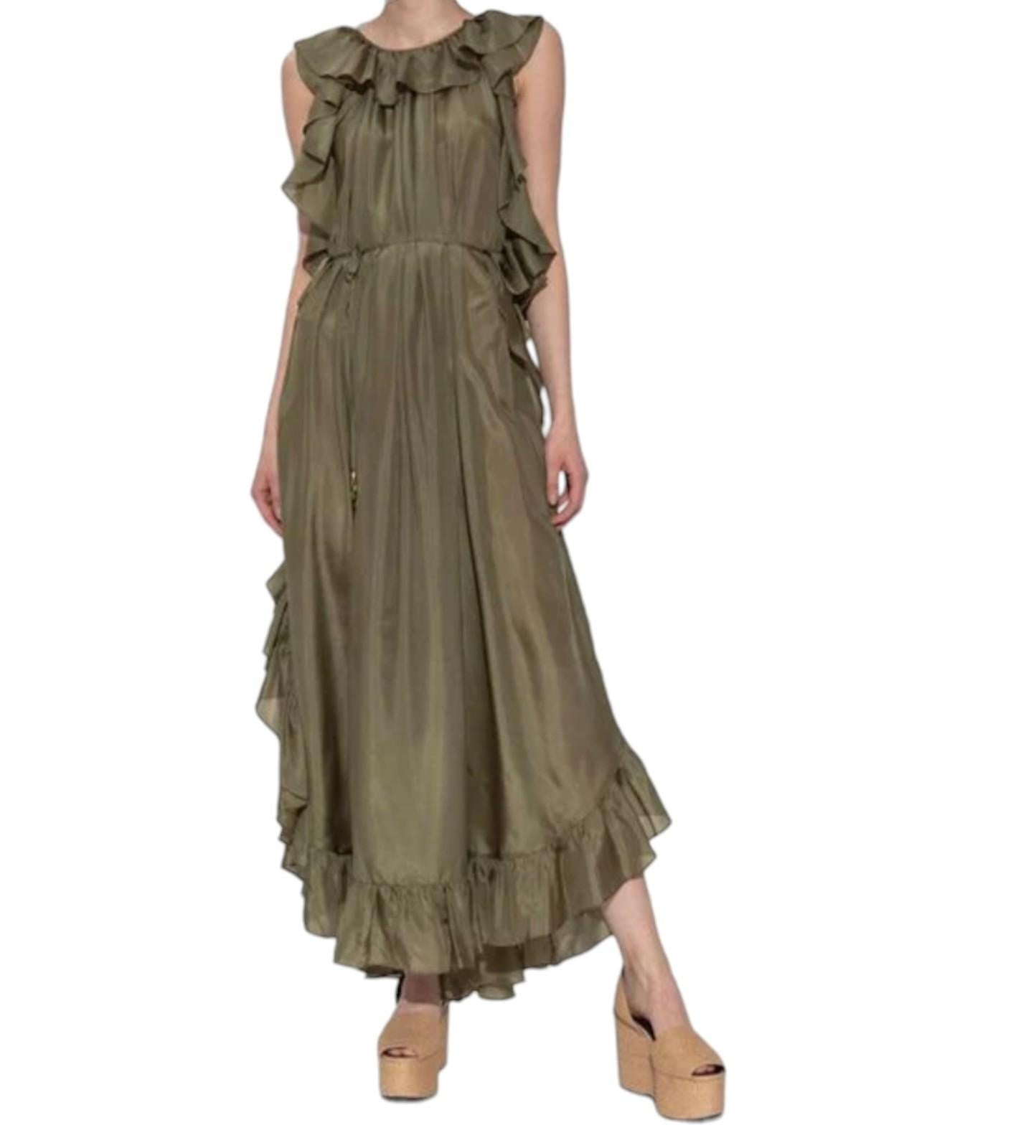 Green ruffled dress on a white background