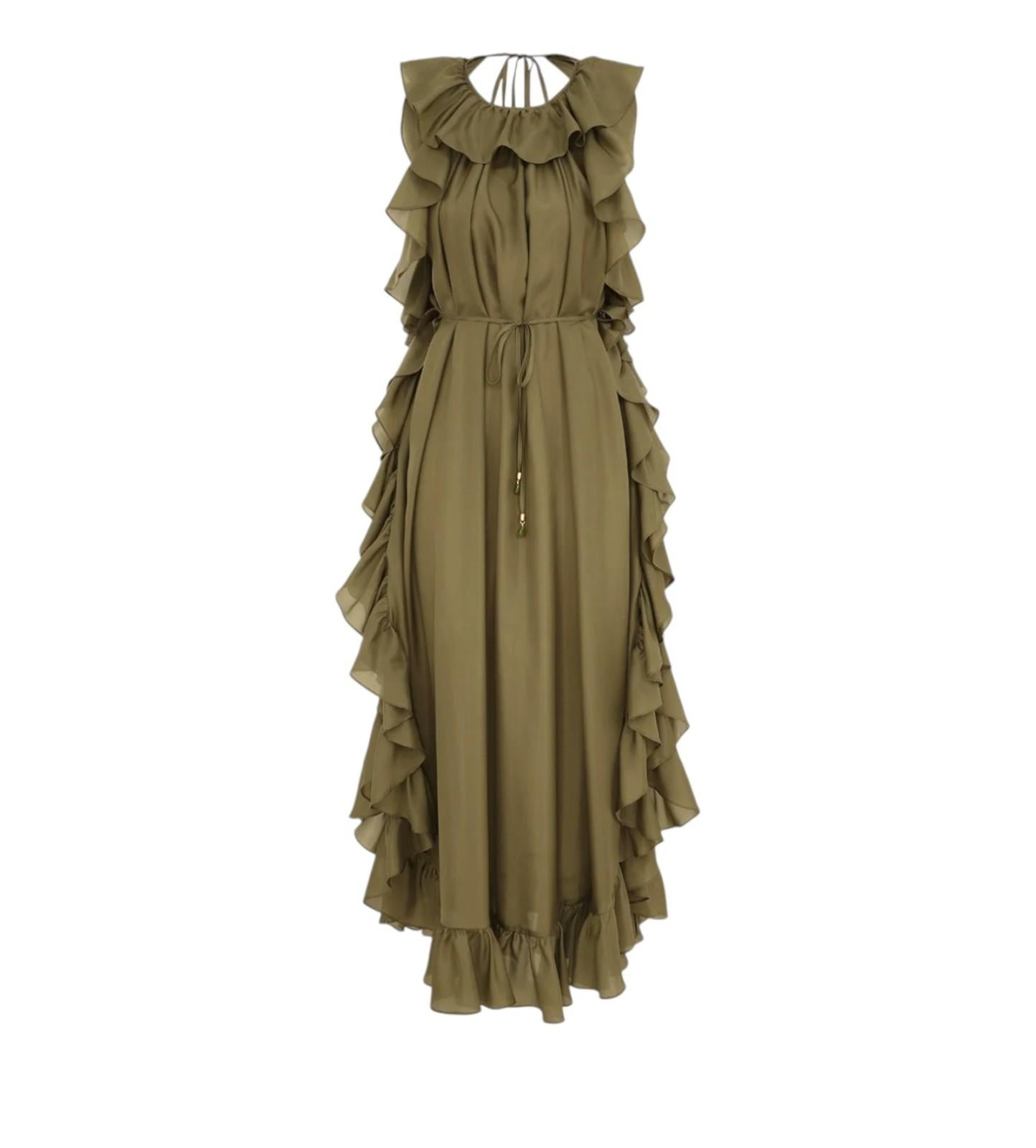 Green ruffled dress on a white background
