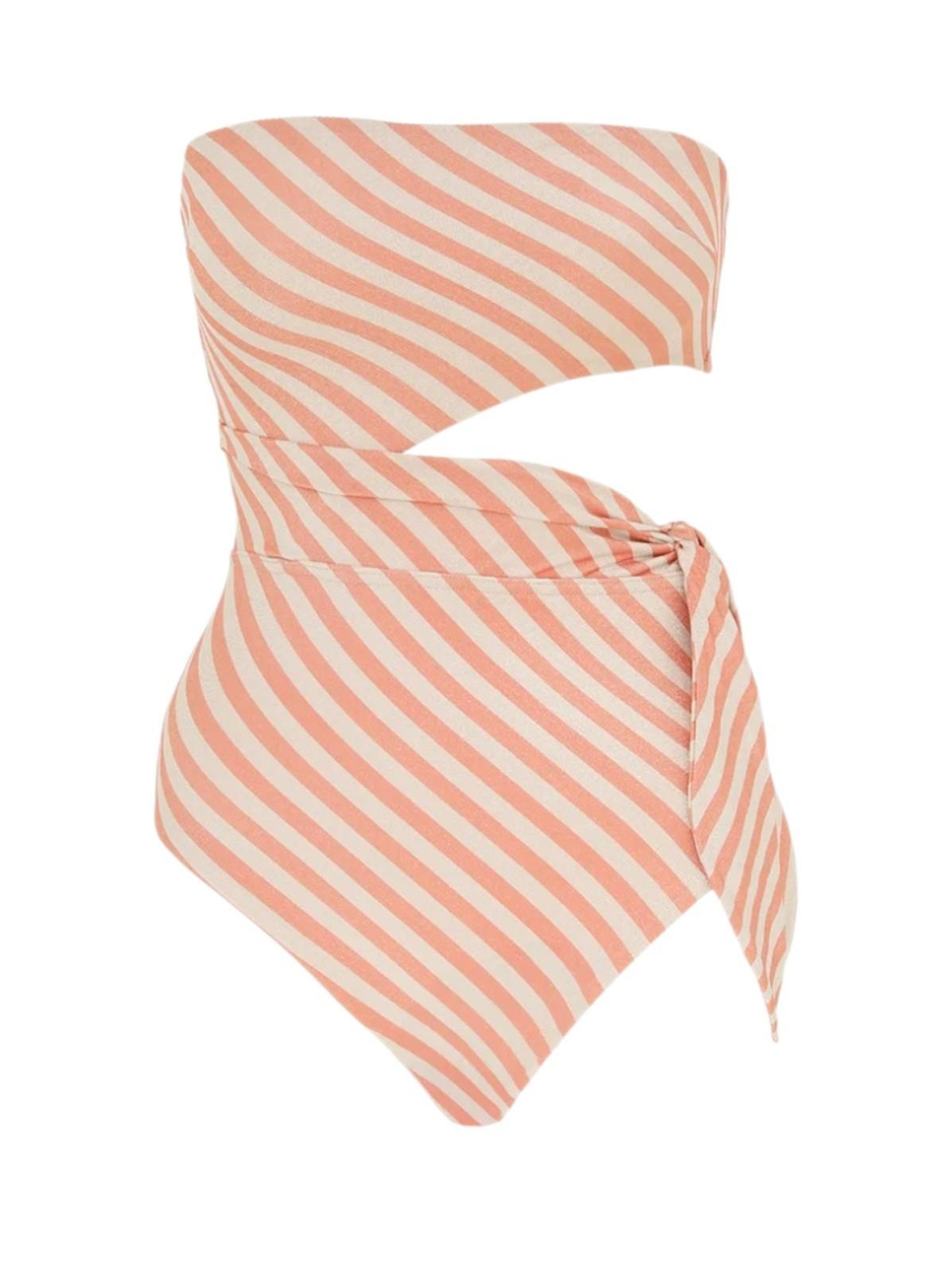 Striped swimsuit with a strapless design on a white background