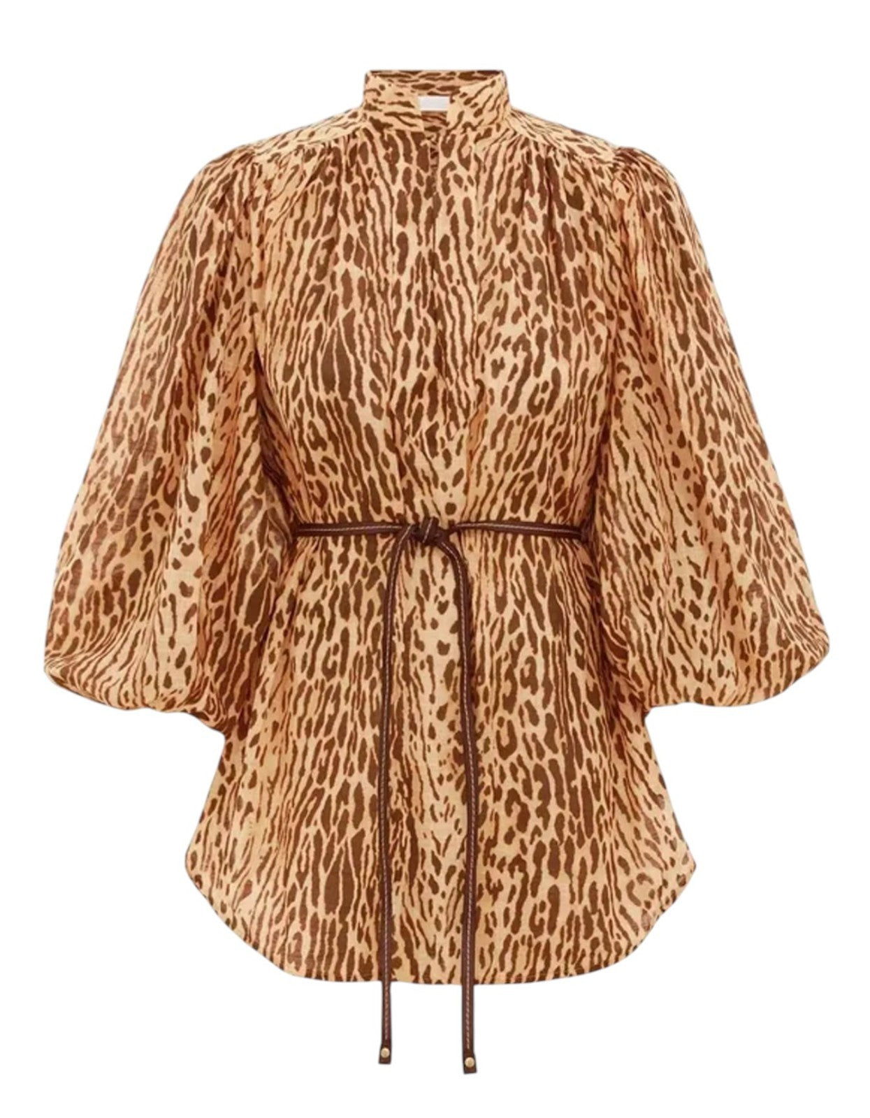 Leopard print blouse with a belt on a white background