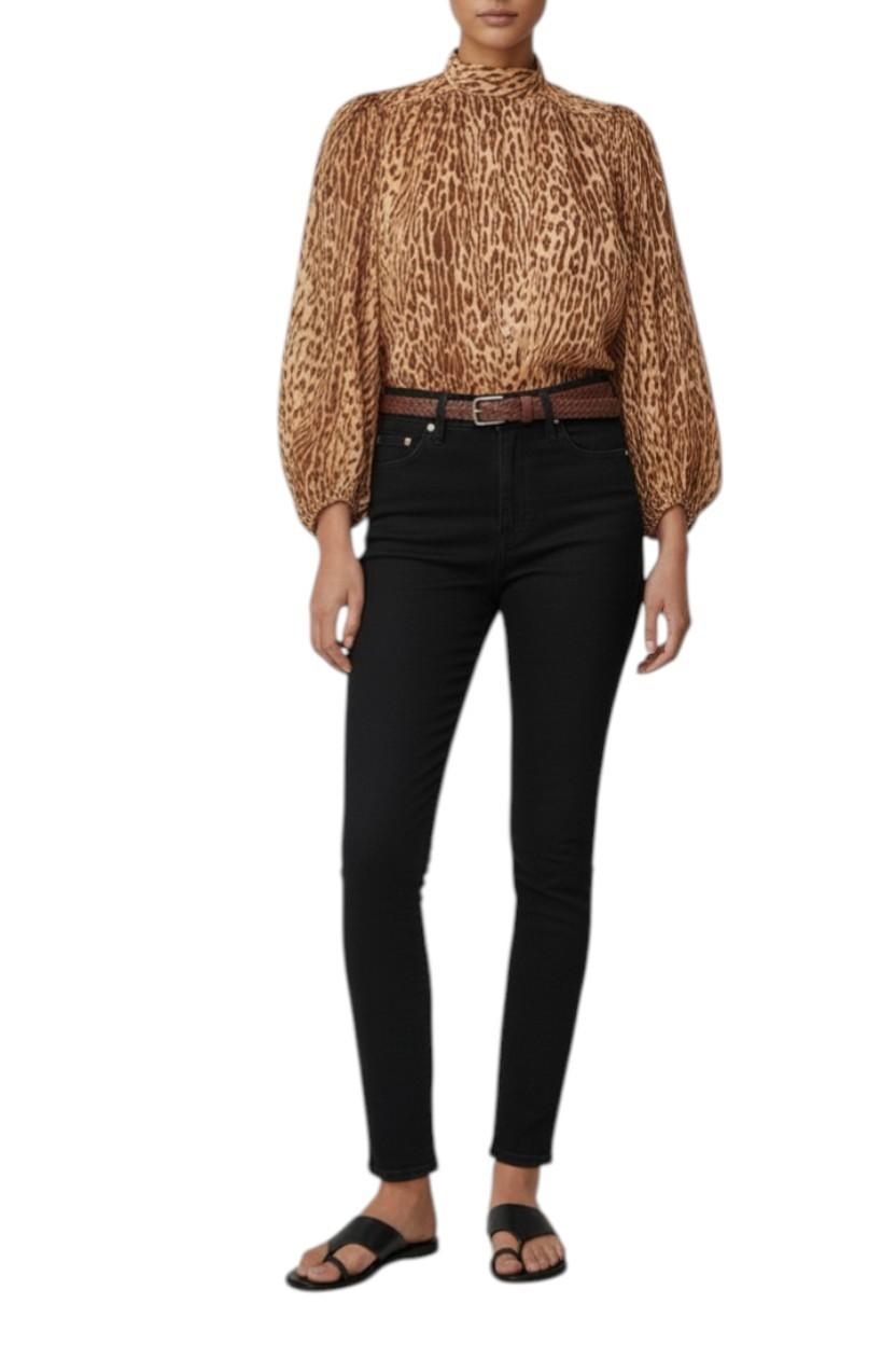 AI generated image of Person wearing a leopard print blouse and black pants on a white background