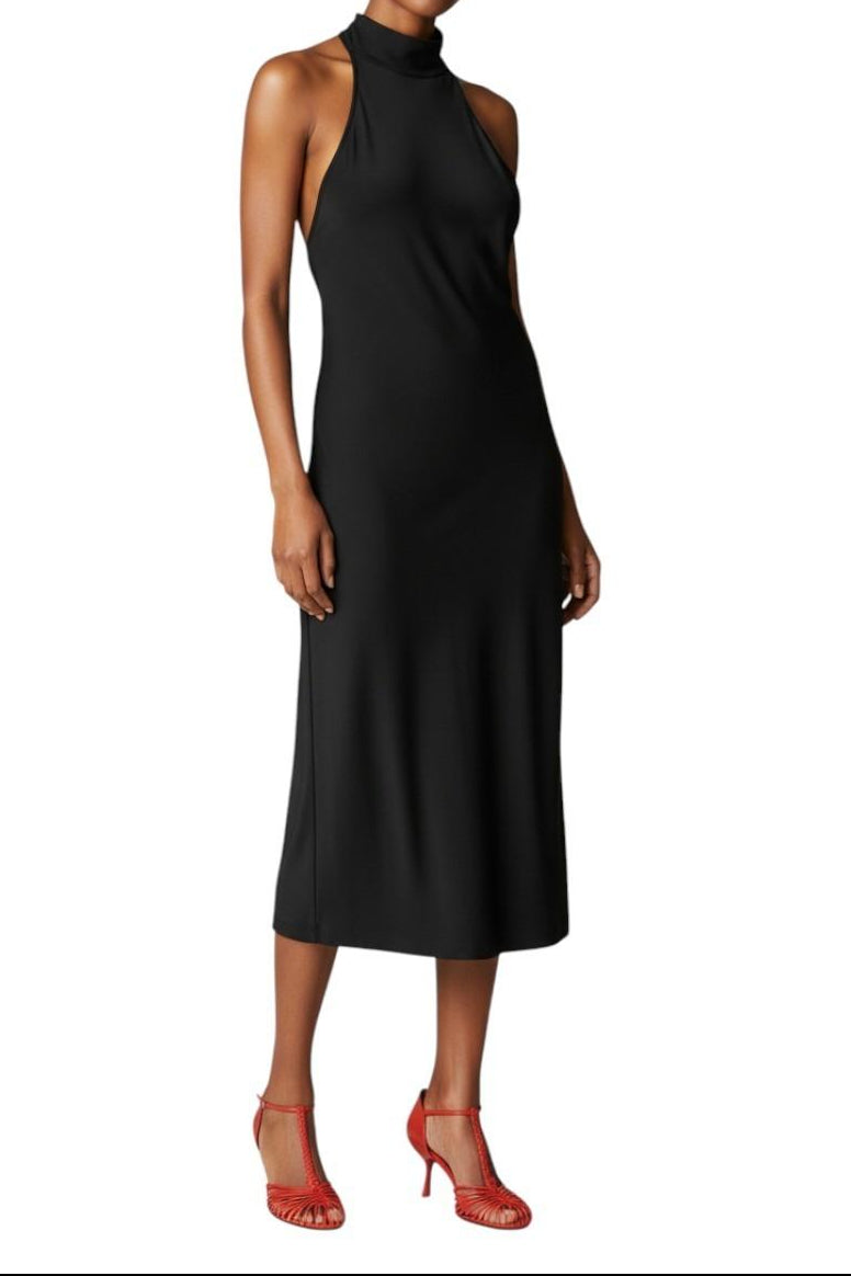 AI-generated image of Black halter neck dress with red shoesworn by a model on a white background