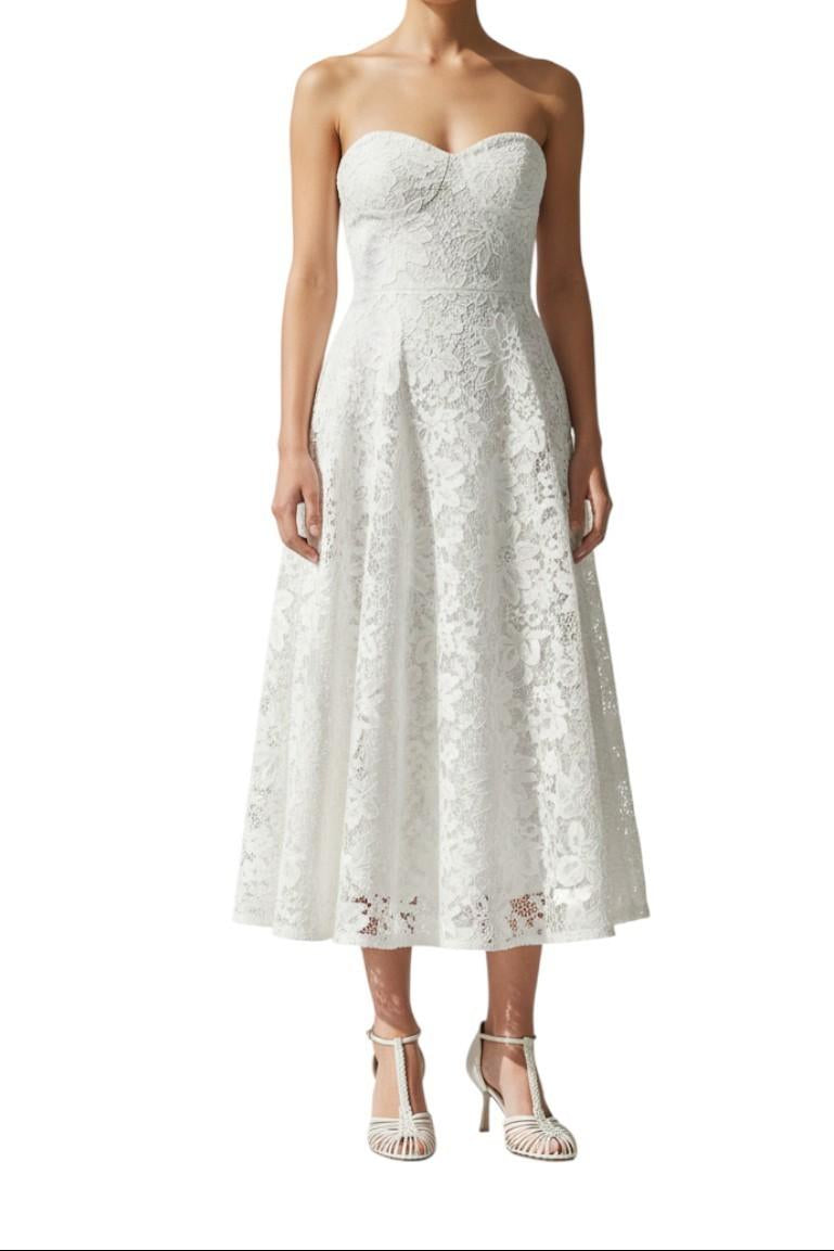 AI-generated image of White lace strapless dress with white shoes on a white background