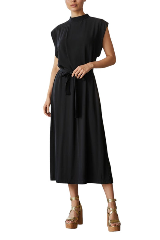 AI generated image of Woman wearing a black sleeveless dress on a white background
