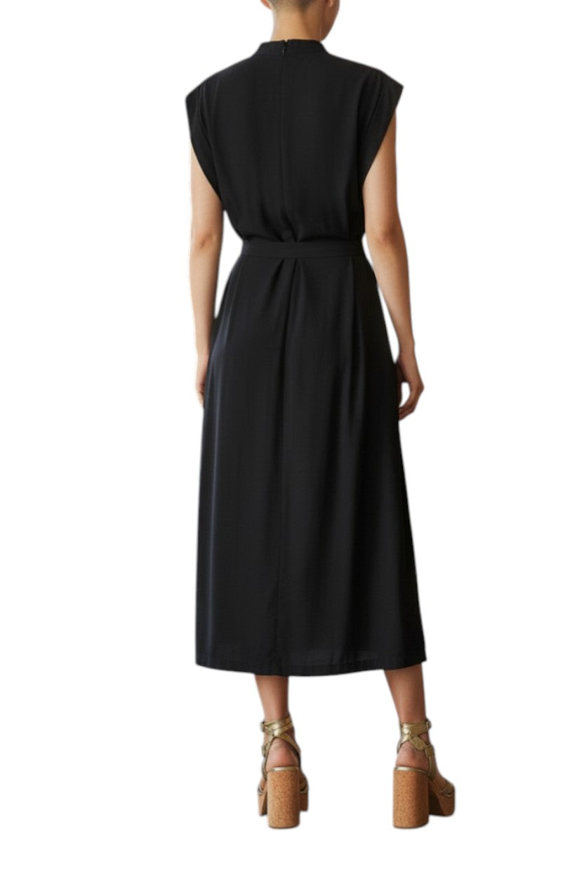 AI generated image of Black sleeveless dress worn by a person on a white background