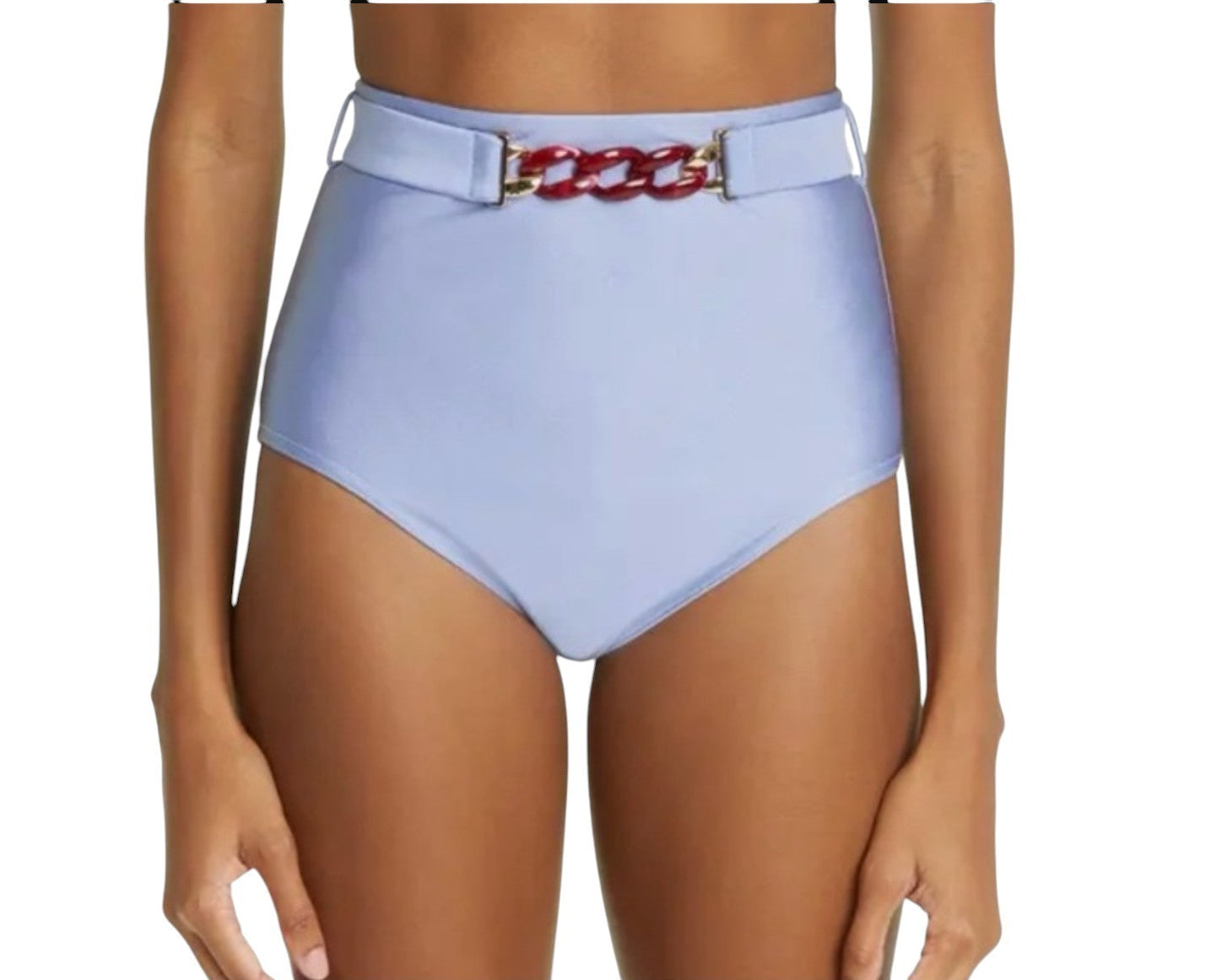 Light blue high-waisted bikini bottom with a chain belt on a white background