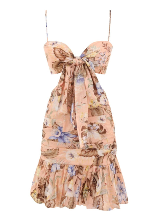 Floral dress with a bow detail on a white background