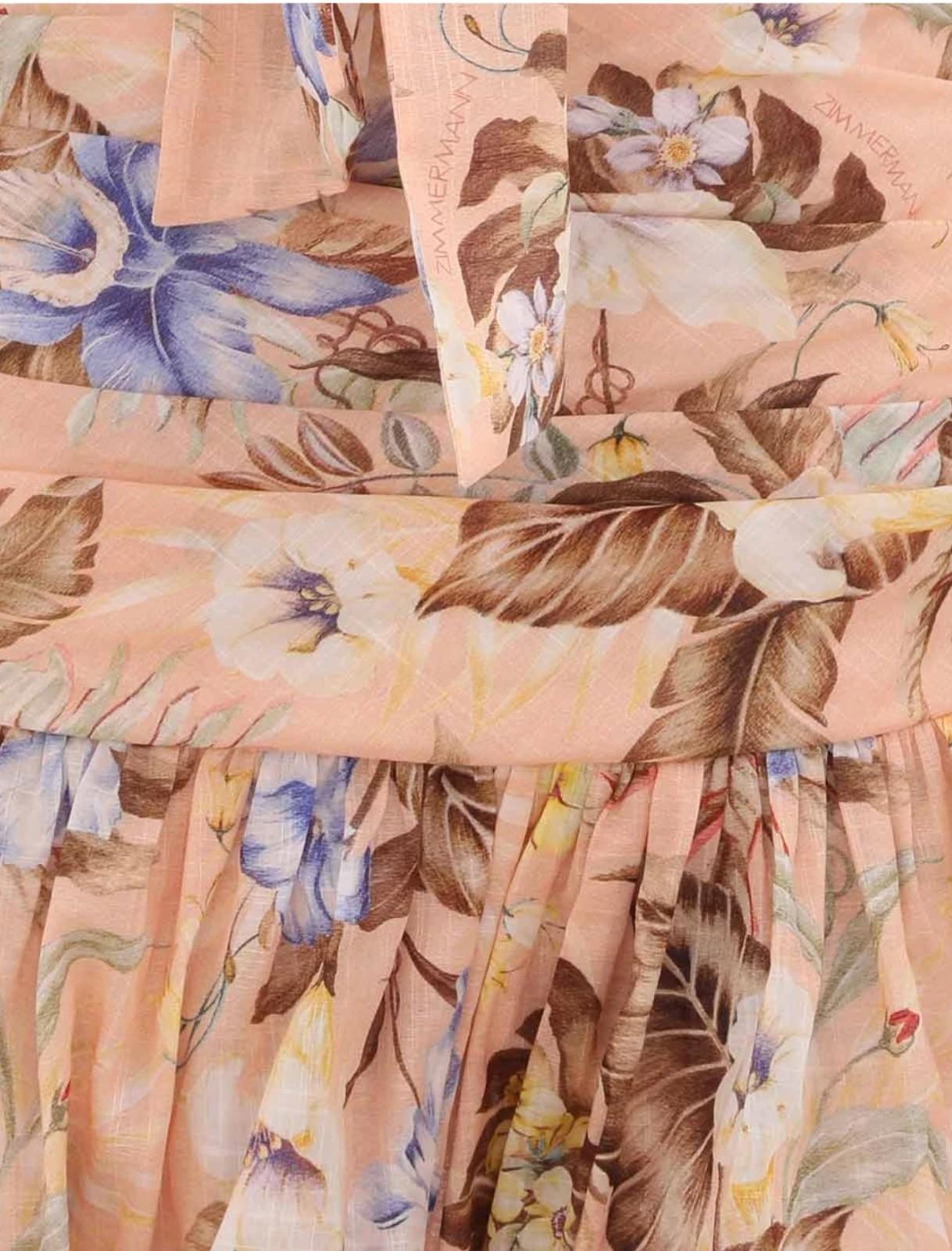 Close-up of a floral fabric with blue, brown, and beige colors.