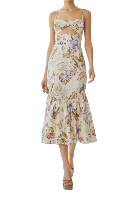 AI generated image of Floral dress worn by a model on a white background