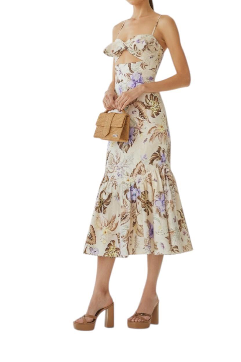 AI generated image of Woman wearing a floral dress holding a small bag on a white background