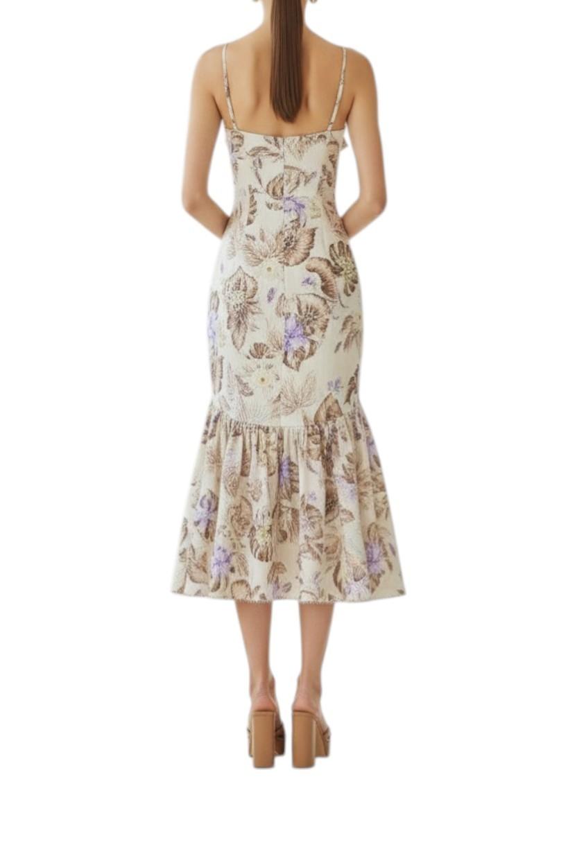 AI generated image of Woman wearing a floral dress on a white background