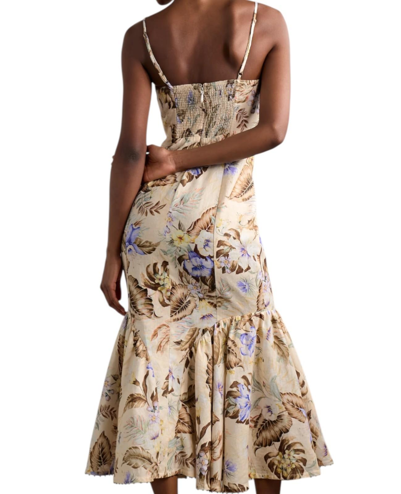 Floral dress worn by a model on a white background