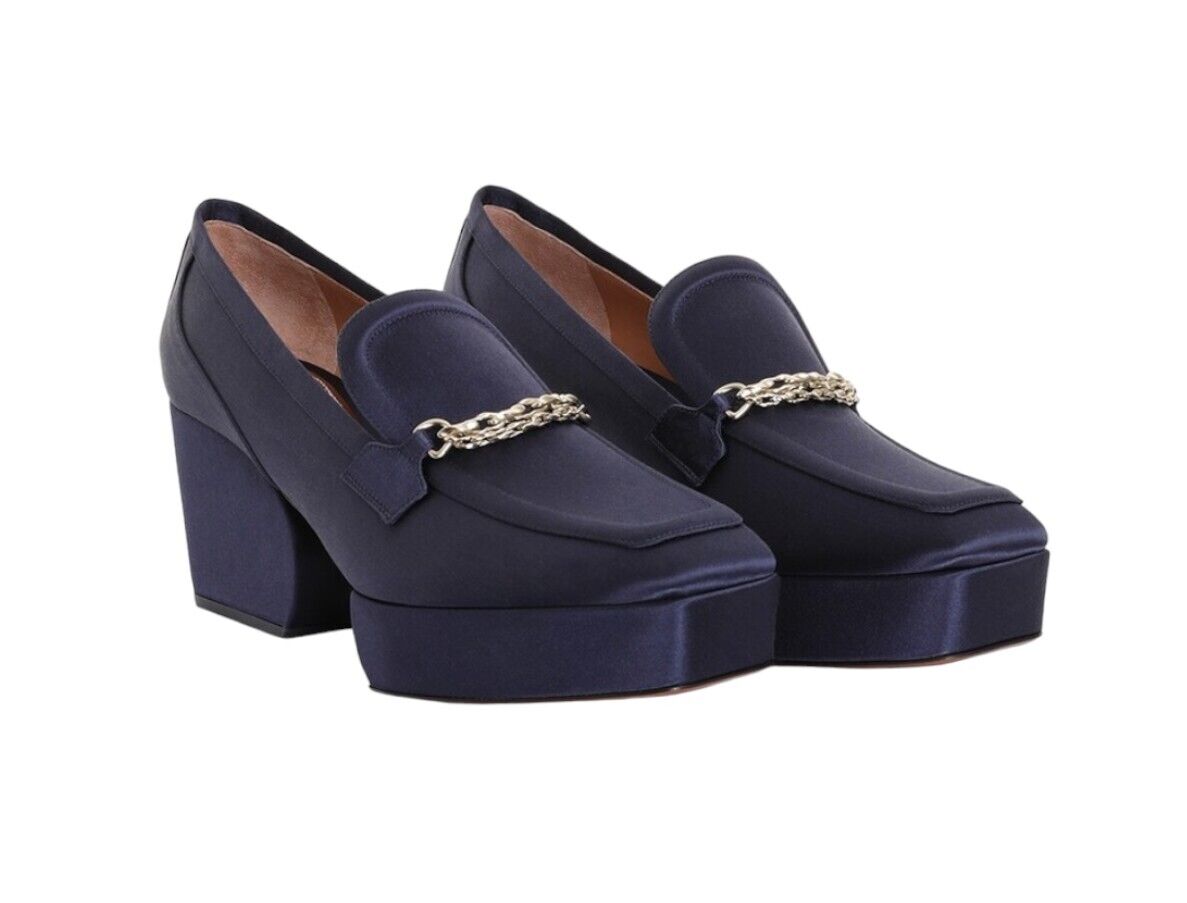 A pair of navy blue Zimmermann Crescent Satin Loafers with gold chain hardware and a platform sole.