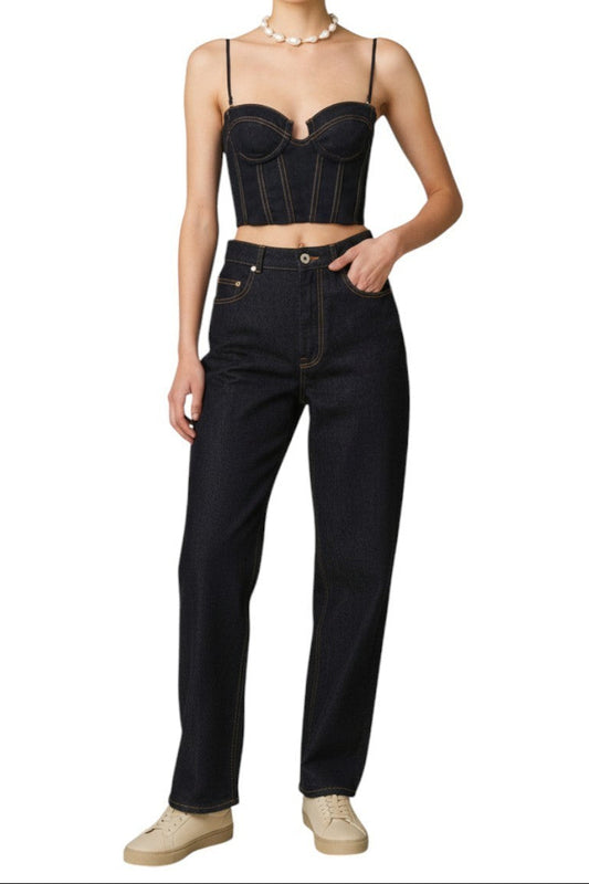 AI generated image of Person wearing a black crop top and high-waisted jeans on a white background