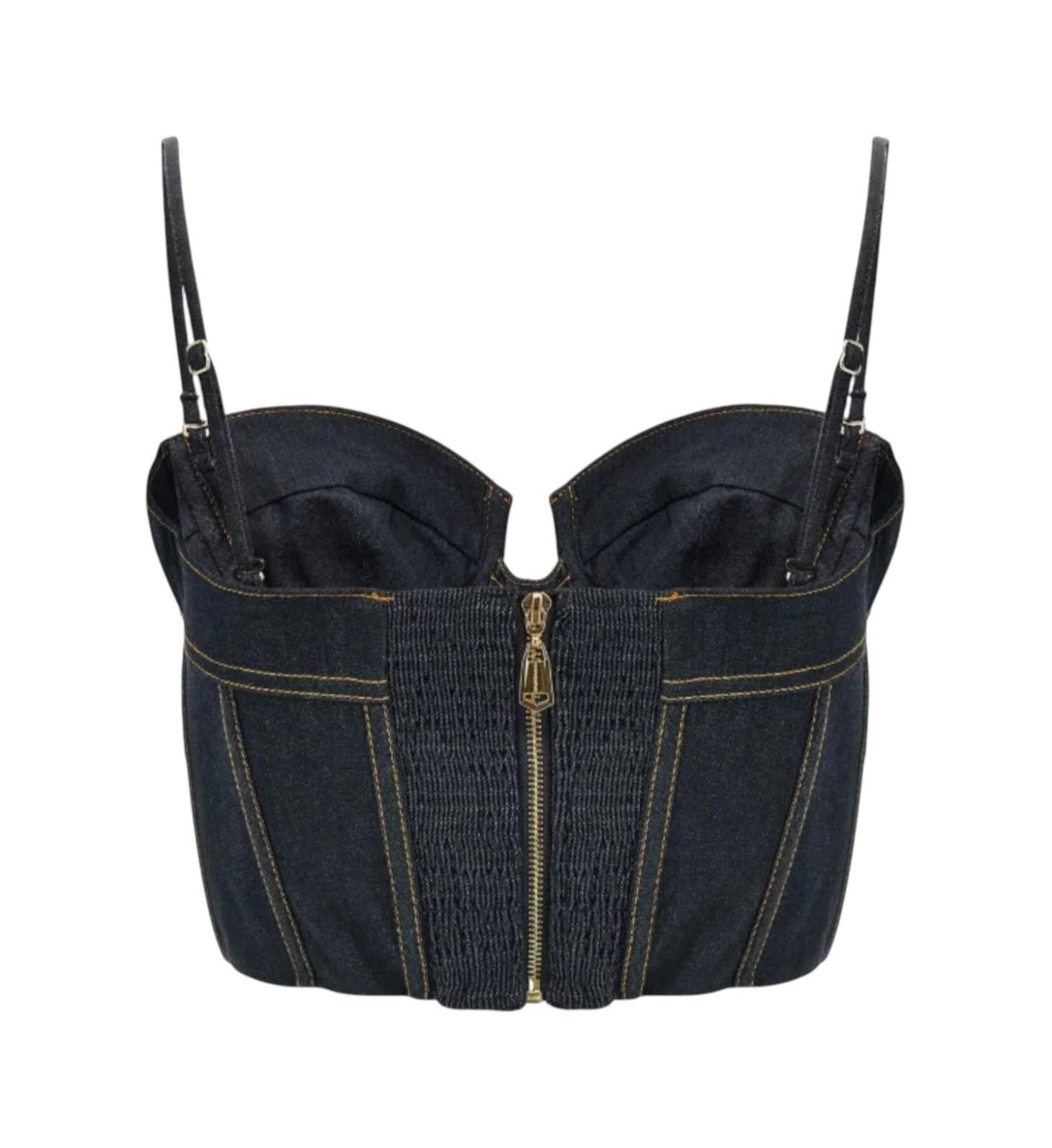 Dark blue denim bag with gold zipper on a white background