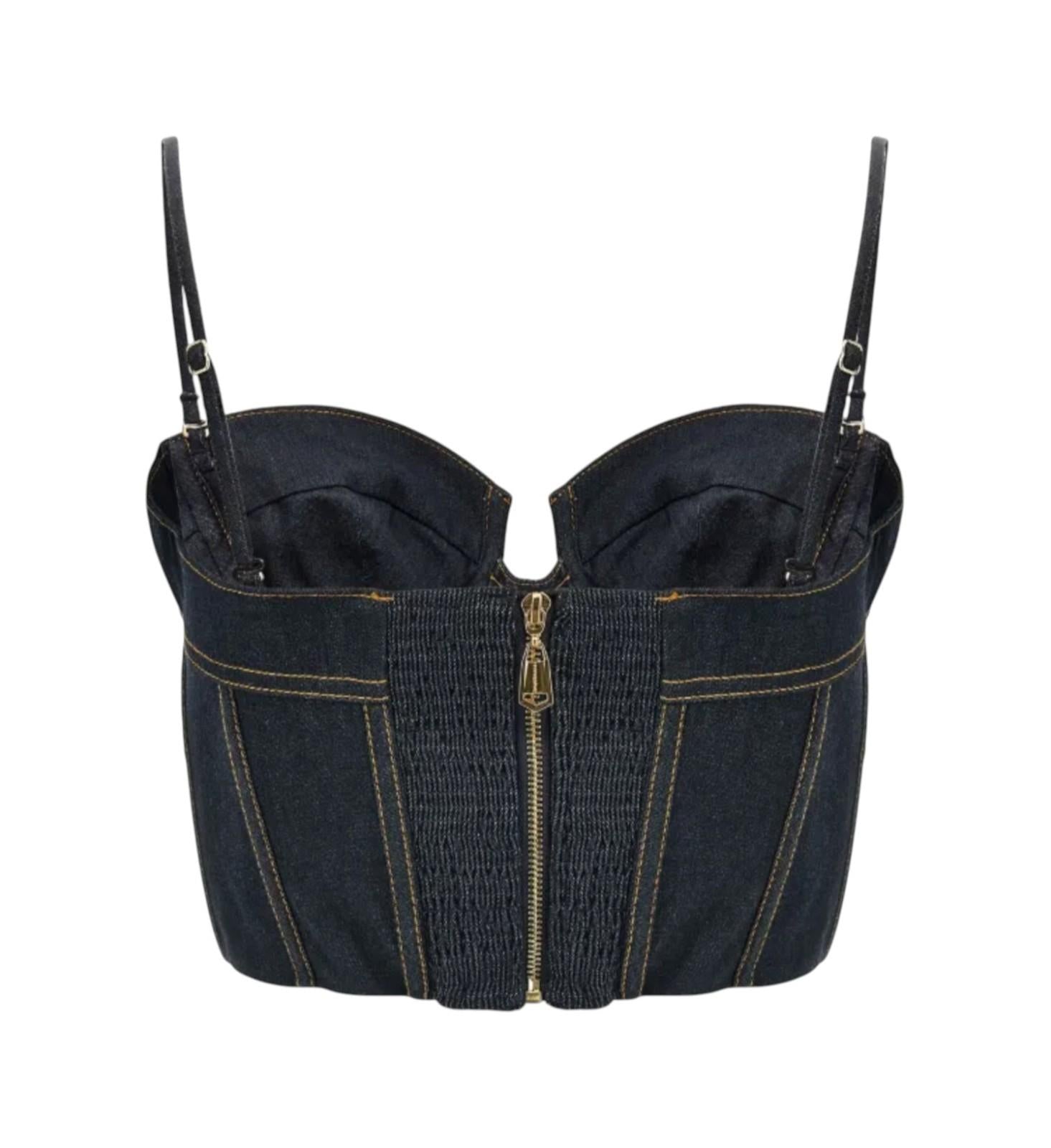 Dark blue denim bag with gold zipper on a white background
