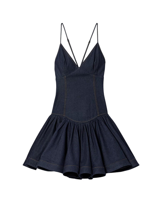 Navy blue dress with thin straps on a white background