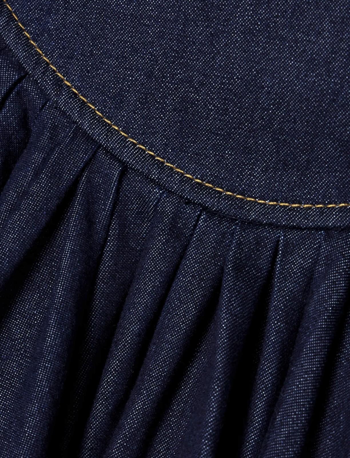 Close-up of a navy blue denim skirt with visible stitching detail.