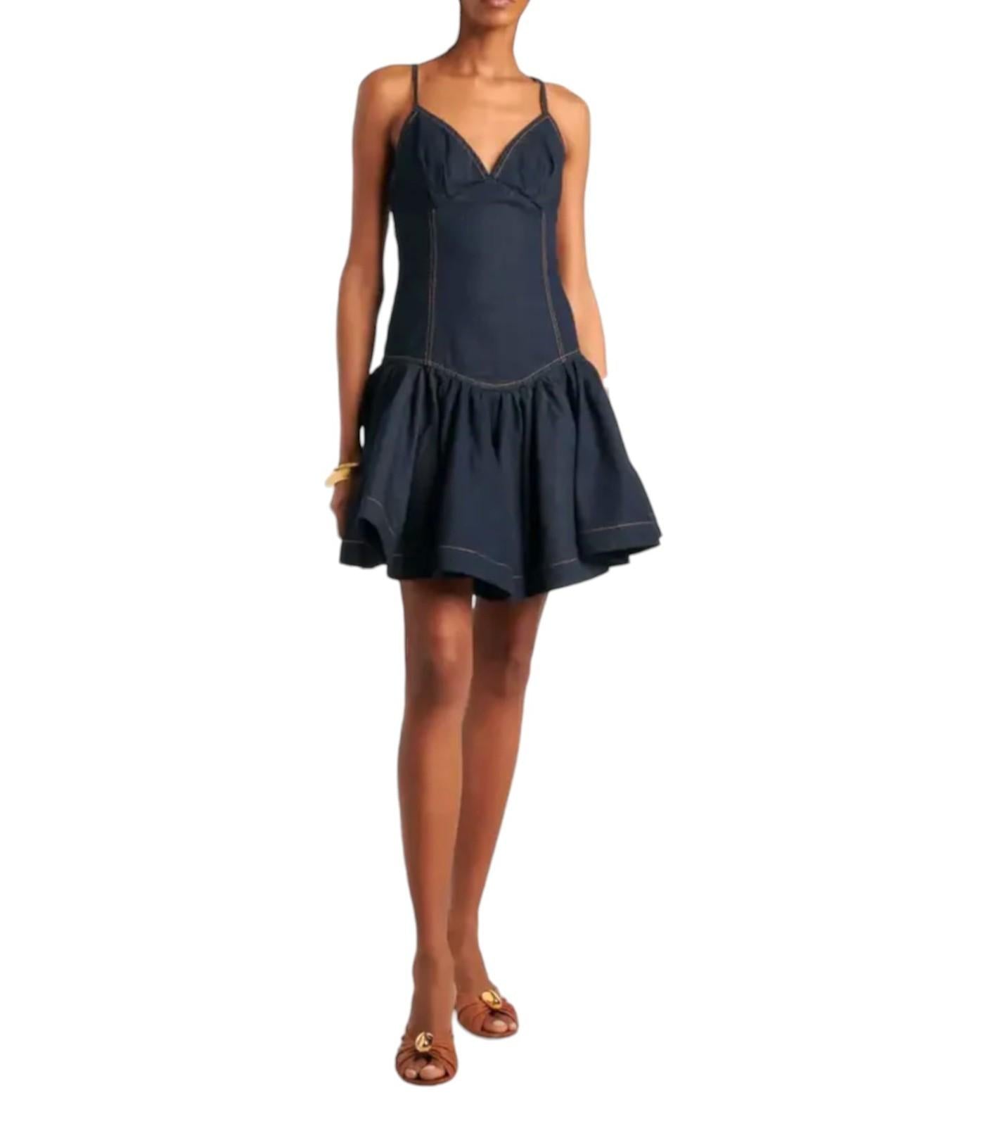 Navy blue dress with ruffled skirt worn by a model on a white background