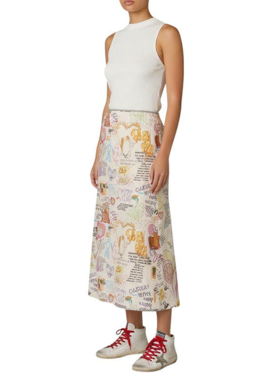 AI generated image of Person wearing a sleeveless top and patterned skirt on a white background