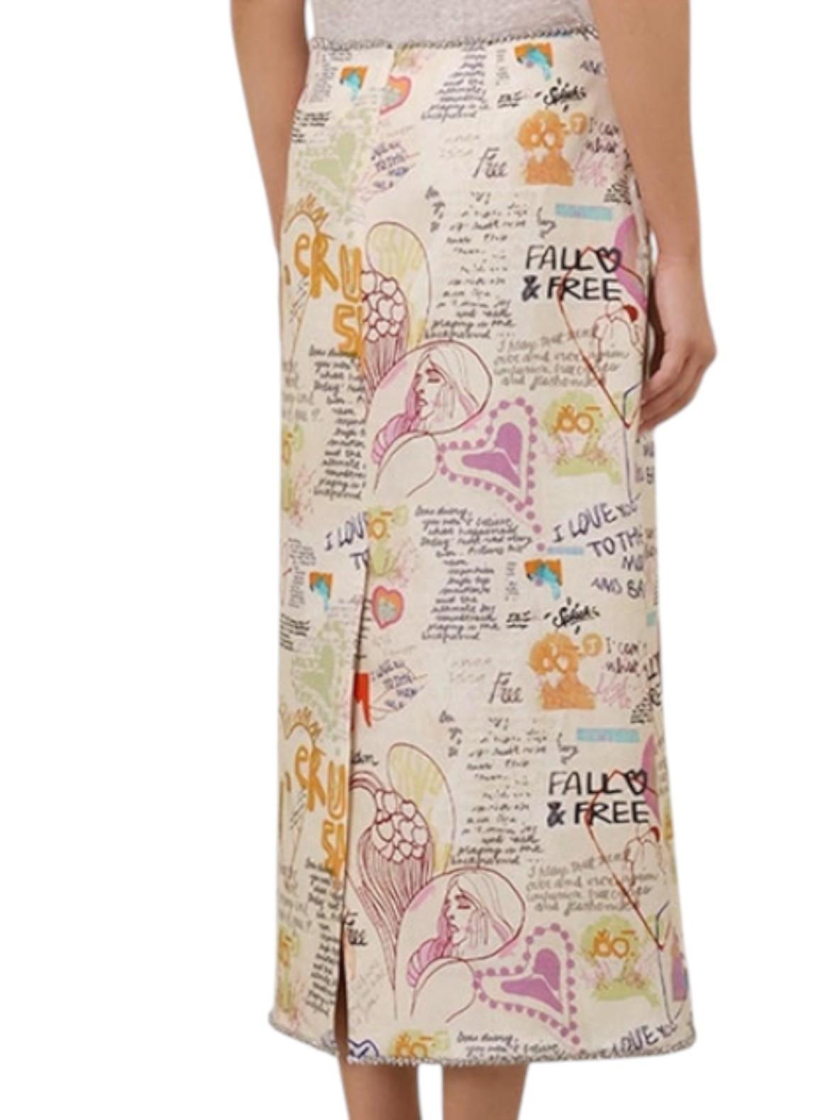 Skirt with colorful graphics and text on a white background