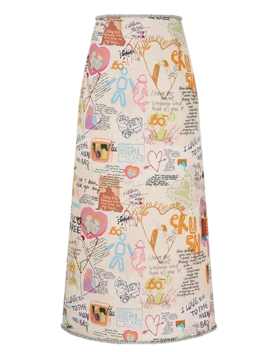Skirt with colorful text and graphics on a white background