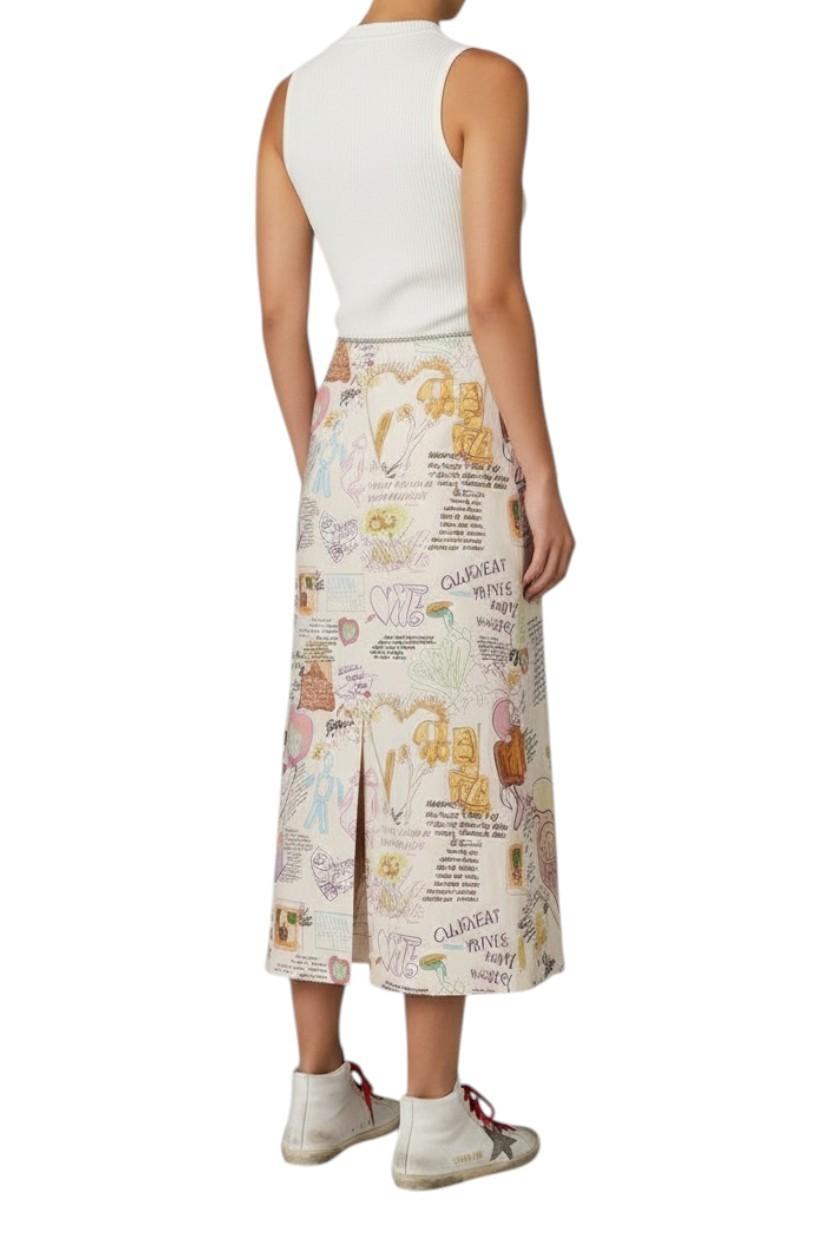 Person wearing a map-patterned skirt on a white background