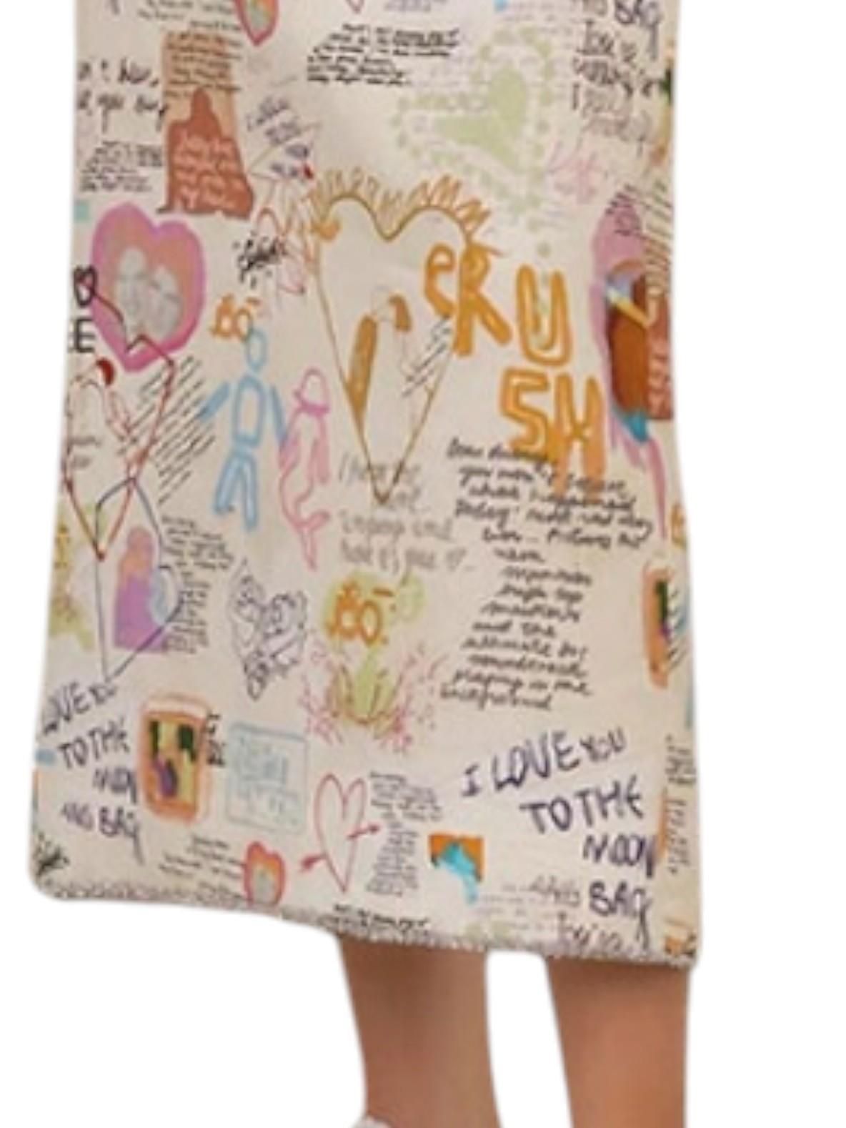 Skirt with colorful text and graphics on a white background
