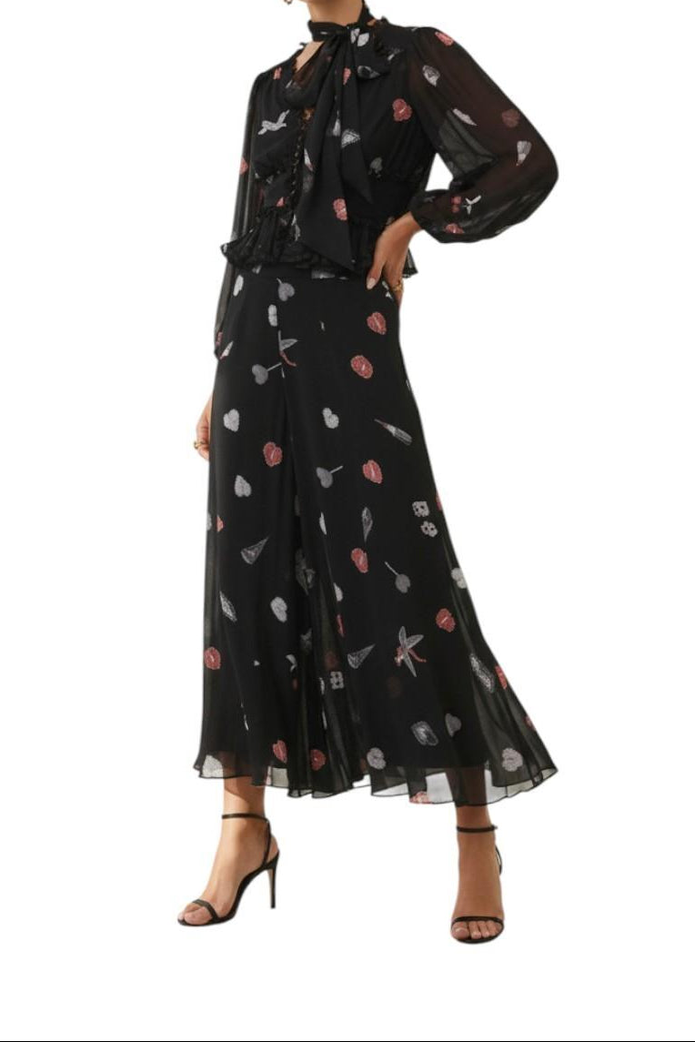 AI-generated image of Black outfit with floral pattern on a white background