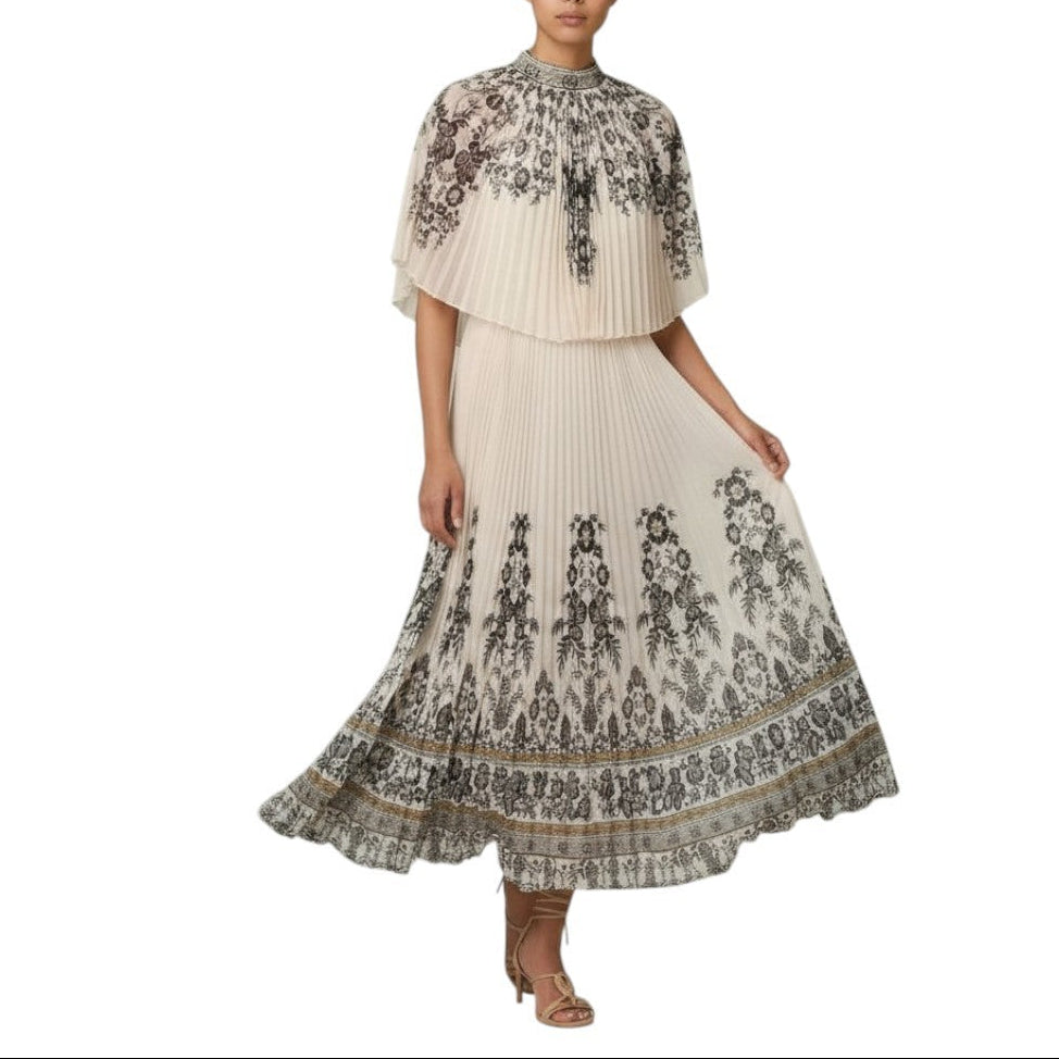 AI generated image of Woman wearing a cream-colored dress with black floral patterns on a white background