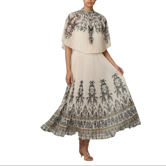 AI generated image of Woman wearing a cream-colored dress with black floral patterns on a white background