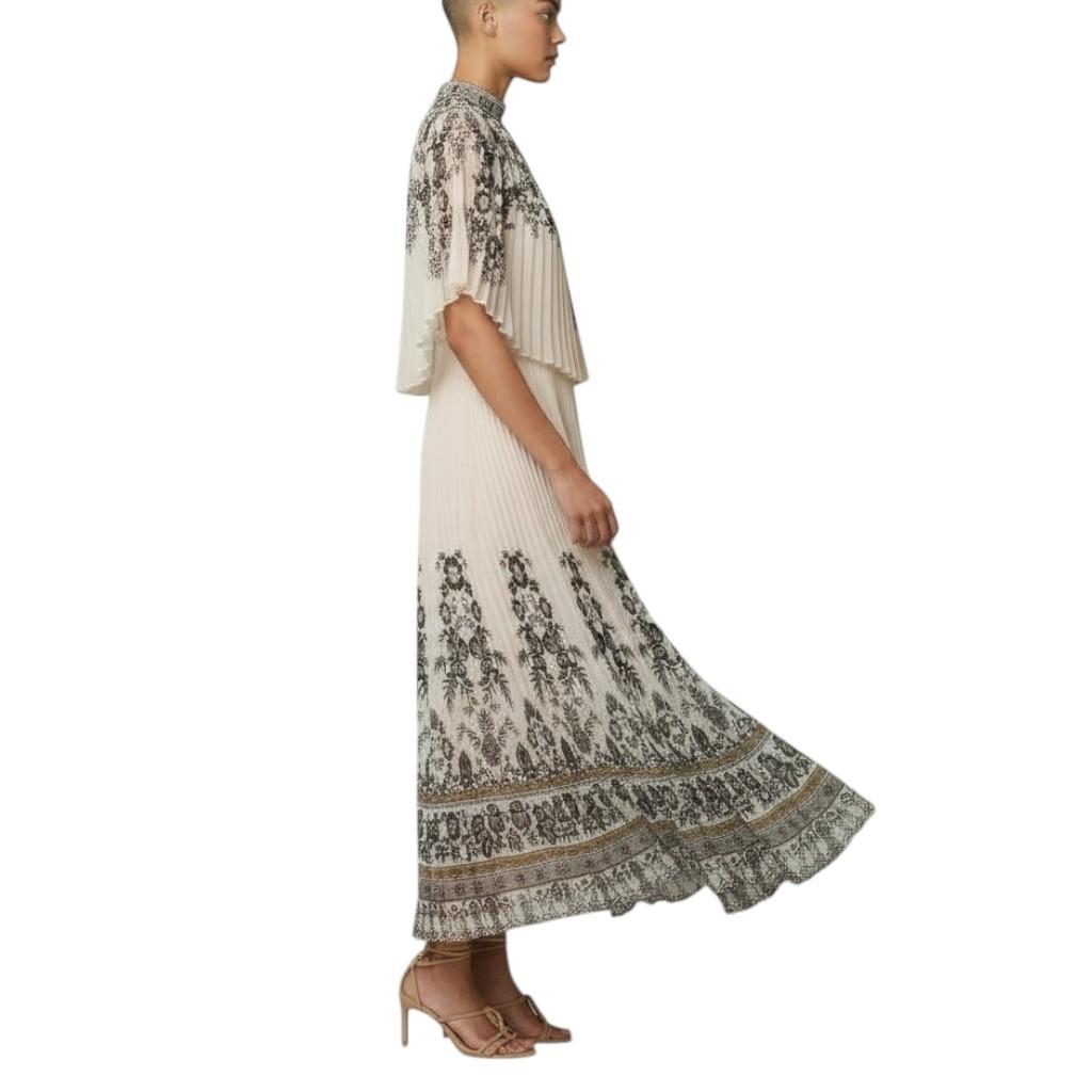AI generated image of Woman wearing a long, floral-patterned dress on a white background 3
