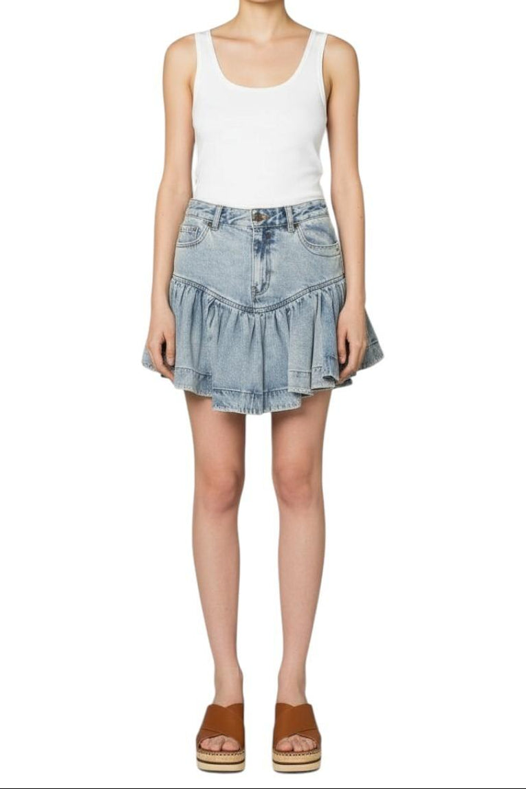 AI generated image of Woman wearing a white tank top and denim skirt on a white background