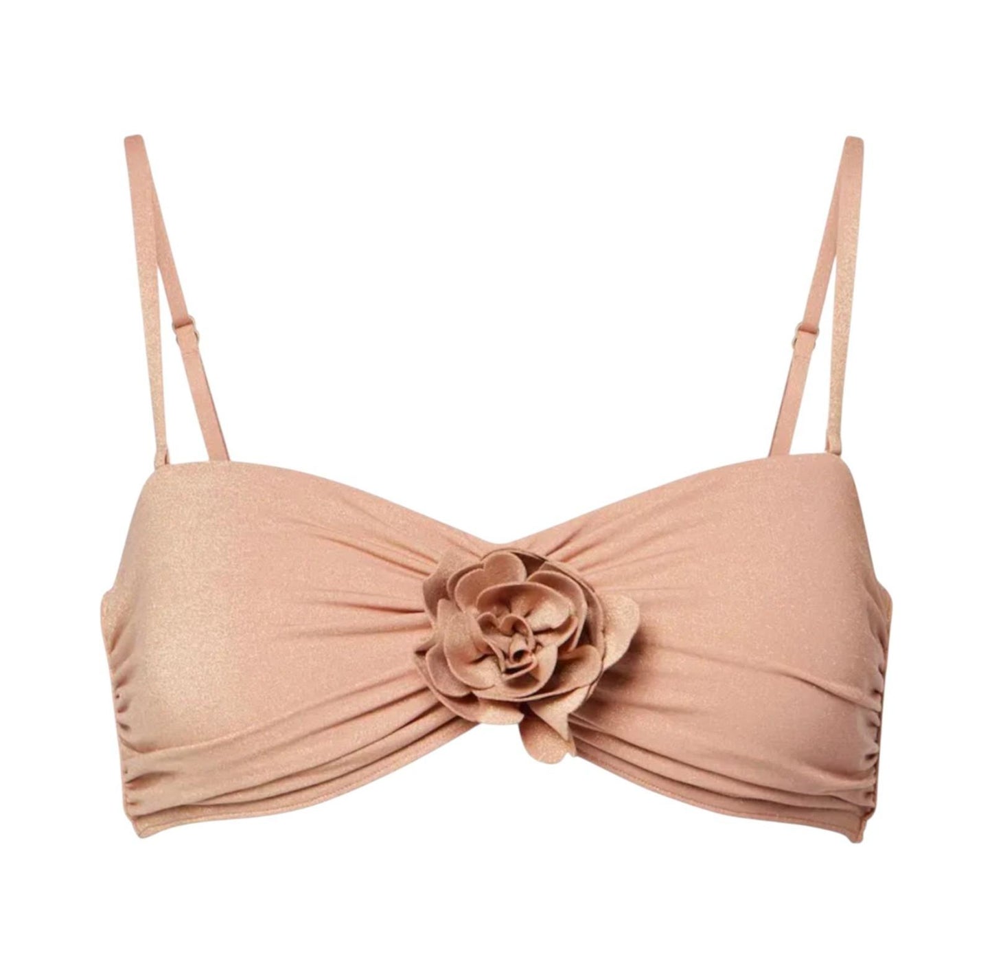 Beige bikini top with floral design on a white background