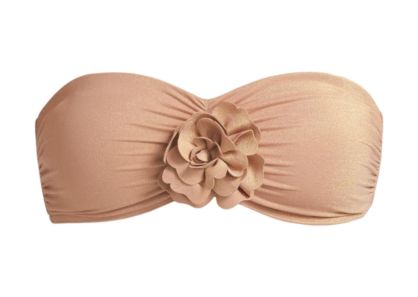 Beige bandeau top with a floral detail on a white background