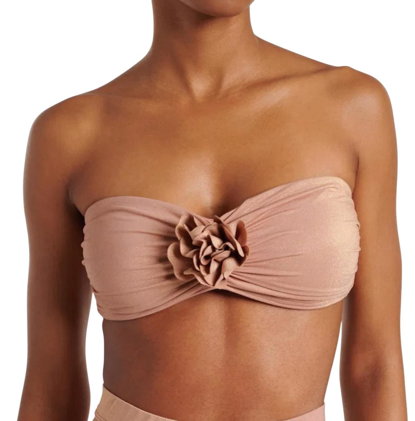Beige strapless top with floral design on a white background
