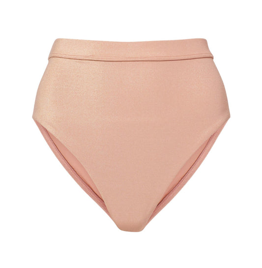 Pink high-waisted bikini bottom on a white background