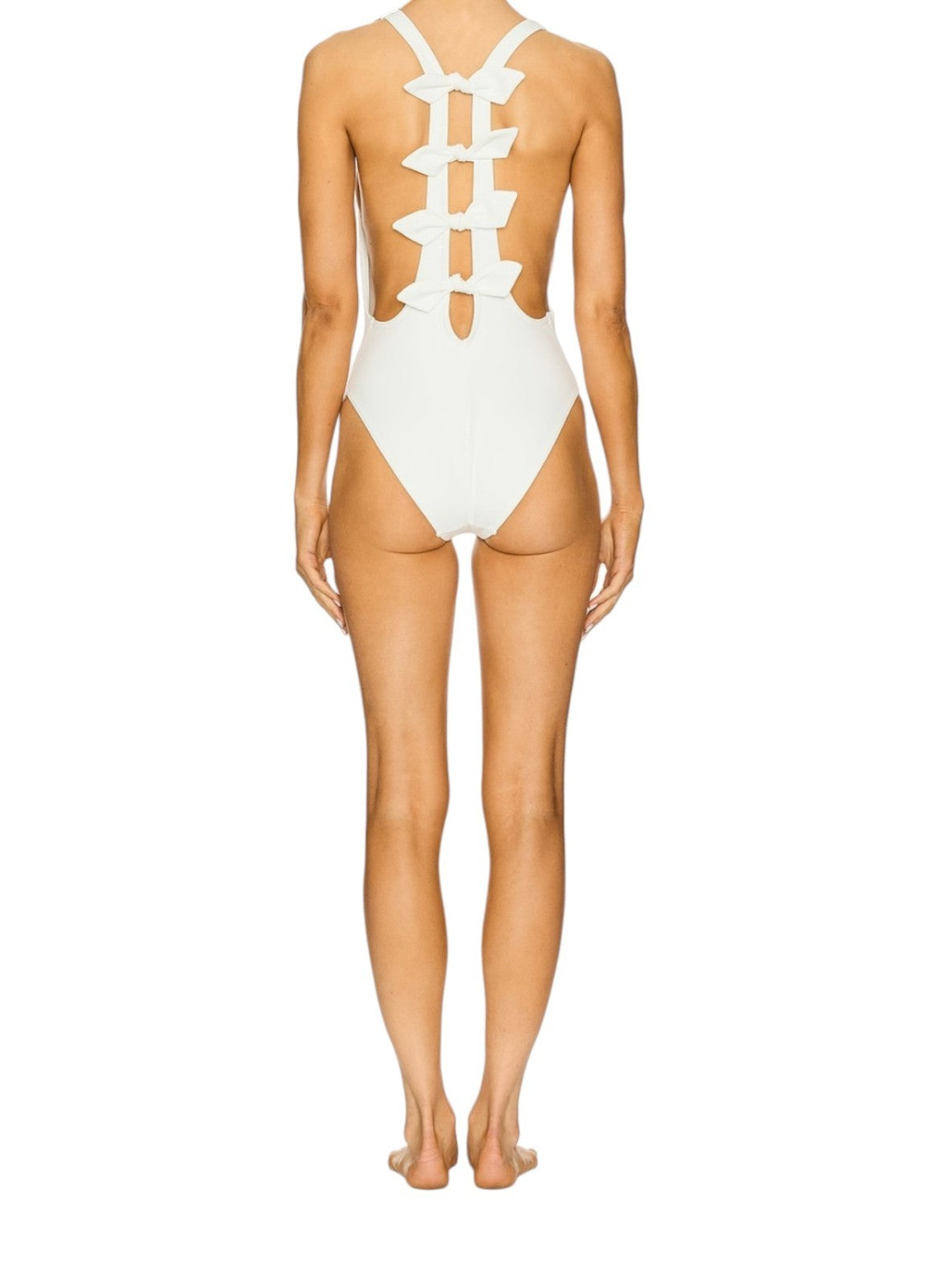 White swimsuit with cut-out design on a white background