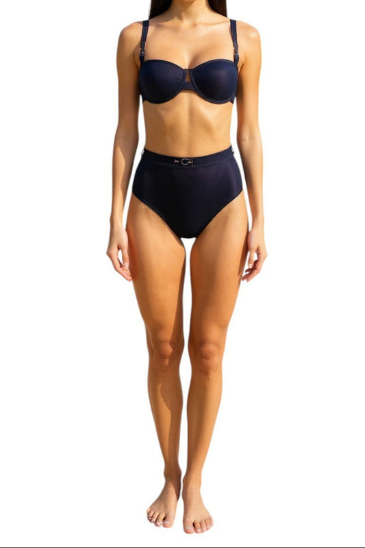 AI generated image of Person wearing a navy blue bikini on a white background