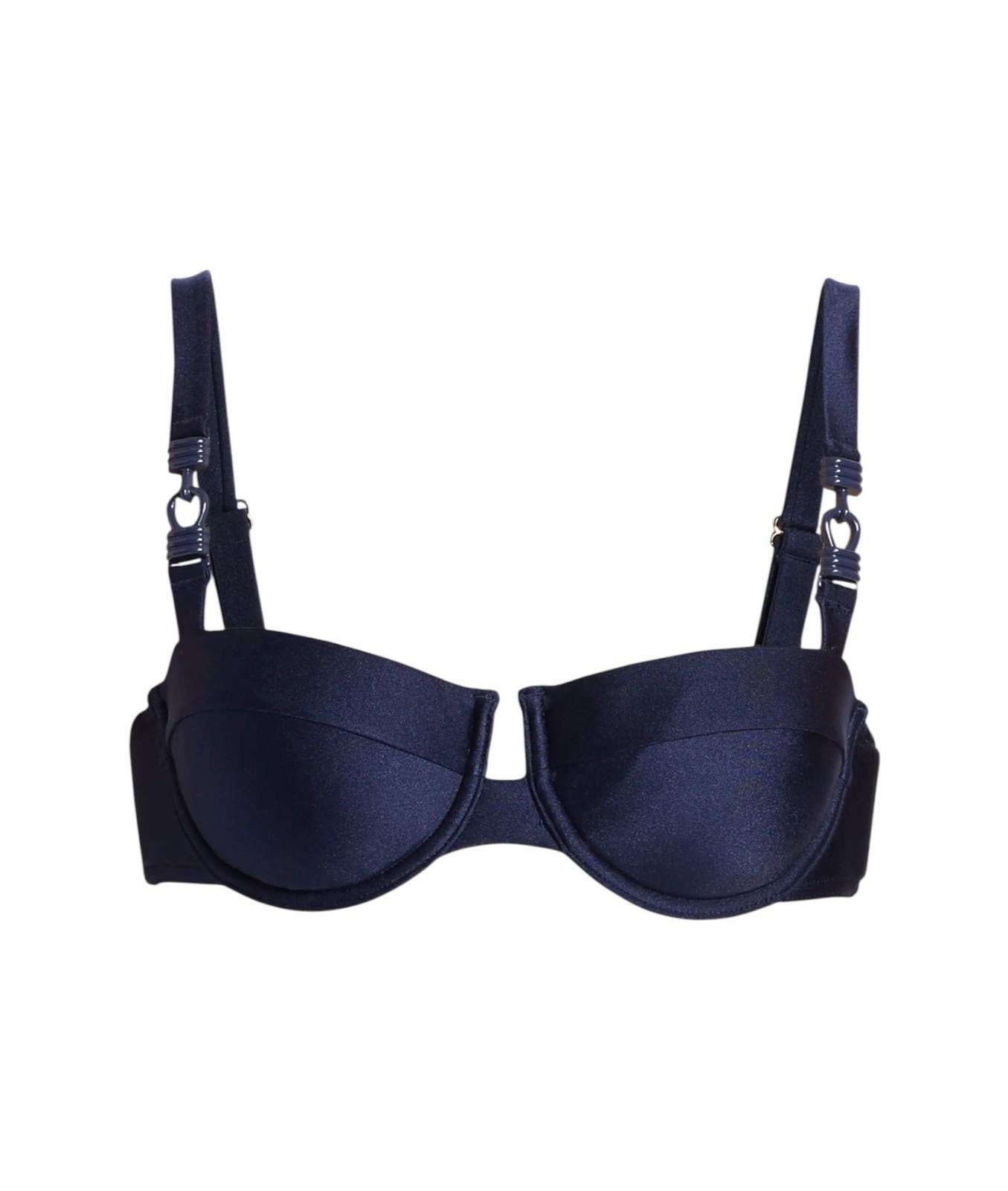 Navy blue bra with straps on a white background