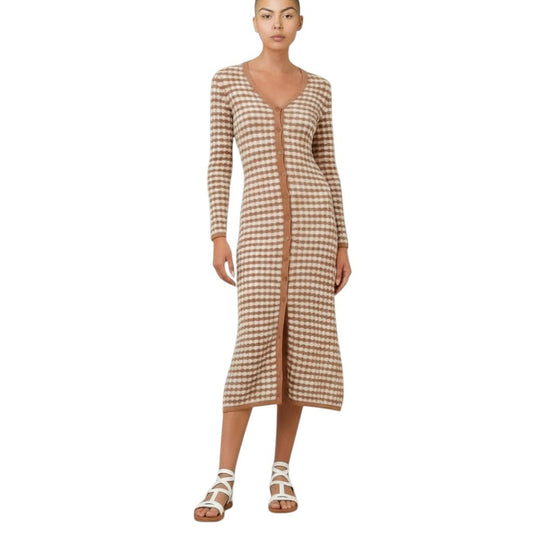 AI generated image of Woman wearing a checkered dress on a white background