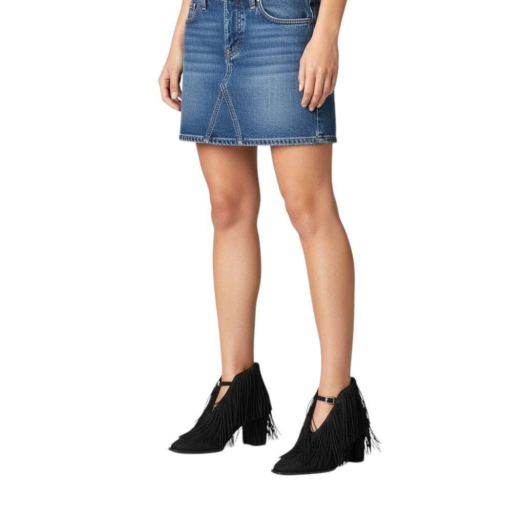 AI generated image of Person wearing a blue denim skirt and black fringe ankle boots on a white background