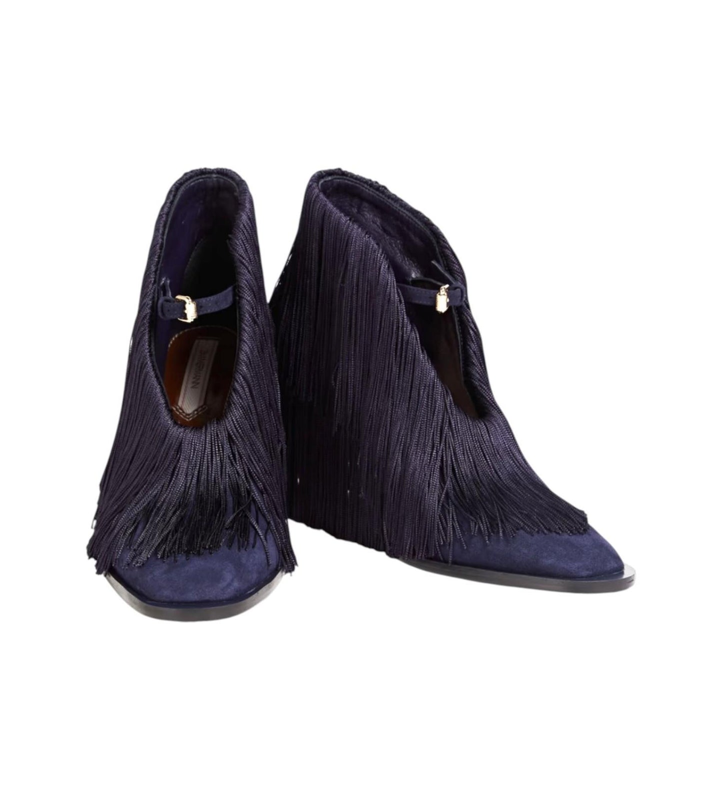 Pair of navy blue fringe shoes on a white background