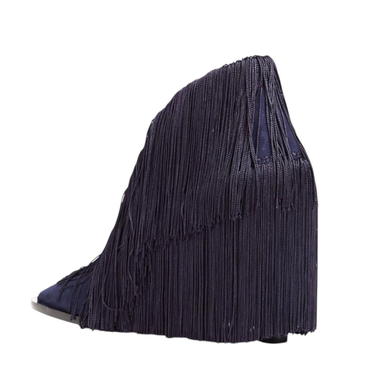 Navy blue fringe bag on a white background