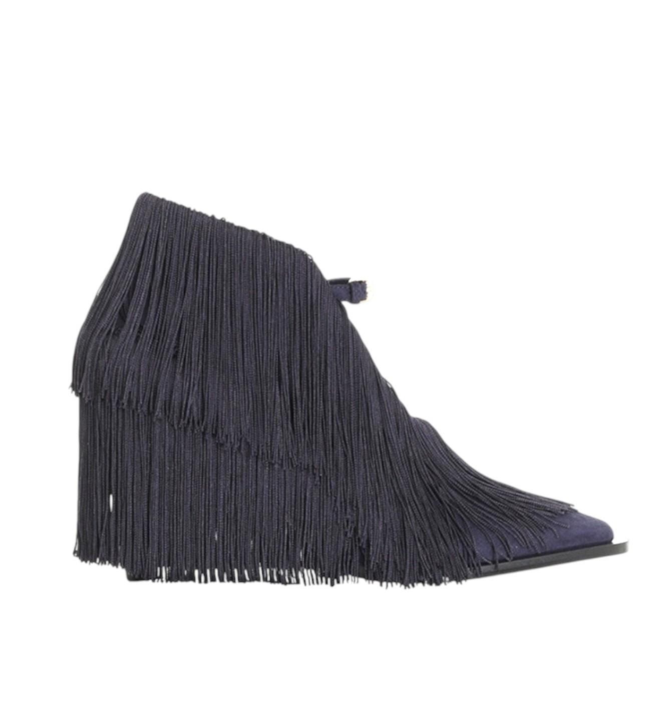 Black fringe ankle boot on a white background
