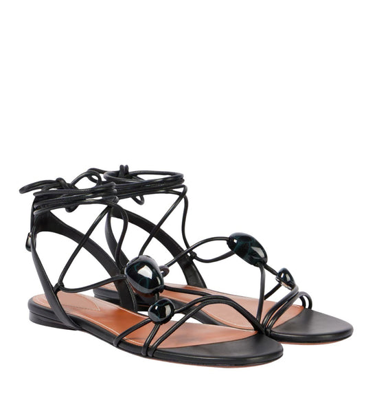 Zimmermann Gleam Sandal | Black, Flat Ankle Tie, Gladiator, Pebble Stone Detail