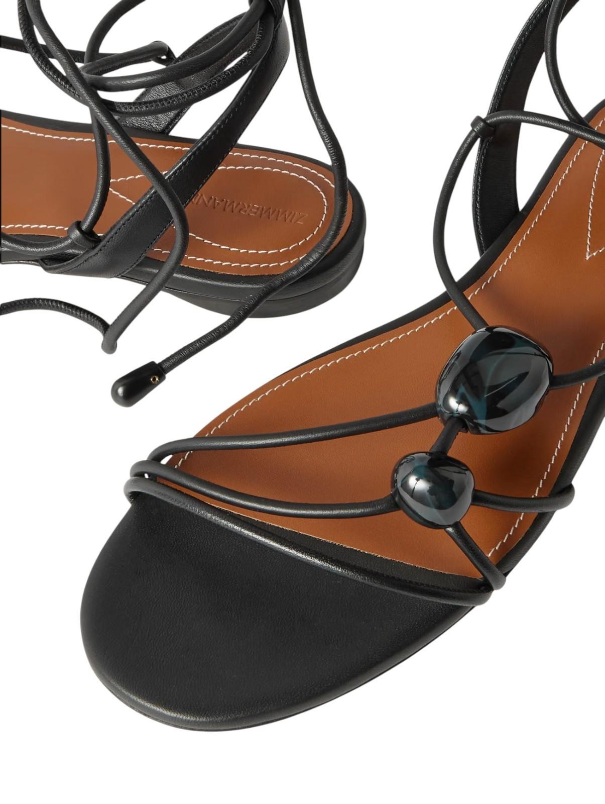 Zimmermann Gleam Sandal | Black, Flat Ankle Tie, Gladiator, Pebble Stone Detail